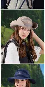 Detail of wide brim sun hat with breathable mesh and adjustable windproof chin strap