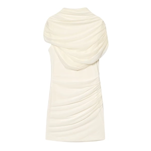 Elegant off-white sleeveless mini dress with hooded cape collar and ruched detail