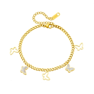 Gold stainless steel bracelet with cutout butterfly charms and white shell inlays