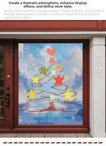 Detail view of colorful Merry Christmas star and tree window static stickers on a glass door