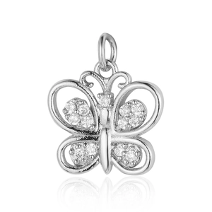 Silver butterfly charm pendant with sparkling cubic zirconia stones and metal ring