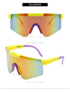 Macro view of yellow cycling sunglasses featuring red gradient lenses and purple nose pads