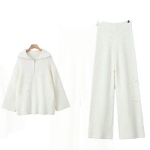Ensemble en tricot blanc chaud pour femme avec pull à fermeture éclair et pantalon large