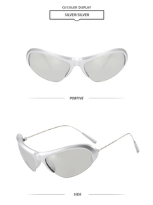 Detail view of silver Y2K futuristic half-frame sports sunglasses with metallic curved legs
