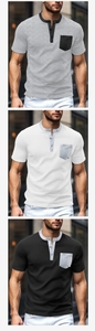 Detailed knit texture and color-blocked pockets on men's short-sleeve waffle Henley shirts