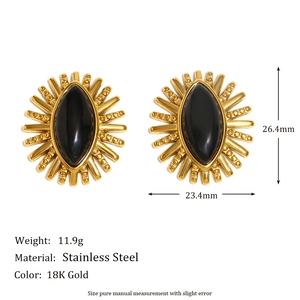Retro 18K gold plated stainless steel stud earrings with black onyx eye-shaped stone