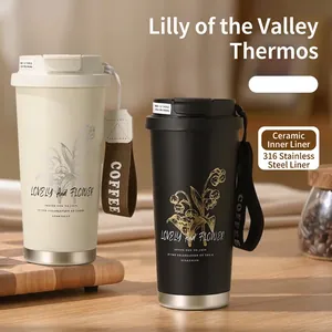 Insulated stainless steel lily of the valley coffee mug with carrying strap and dual lids
