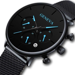 Detail of Geneva black mesh strap watch featuring blue hands and functional date window