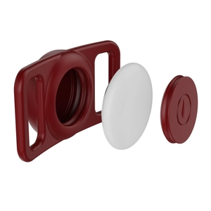 Exploded view of burgundy silicone AirTag waterproof holder for pet collars