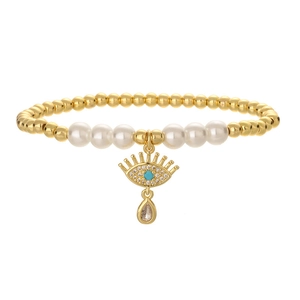 Minimalist evil eye heart bracelet with gold beads, pearls and turquoise crystal charm