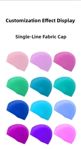 Detailed catalog showing 12 vibrant colors of stretch fabric swim caps for adults