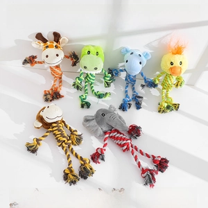 Detailed set of six woven cotton pet chew toys in various cute animal shapes for dogs