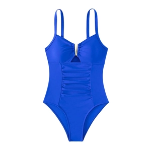 Royal blue slimming one-piece swimsuit with V-neckline and tummy control ruching