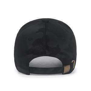 Rear view of black camouflage baseball cap with adjustable metal buckle and canvas texture