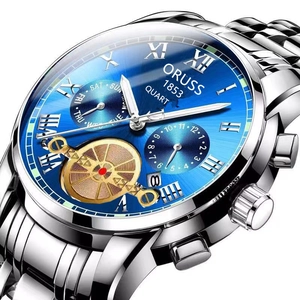 Business quartz watch for men with silver steel strap and dark blue sunray roman dial