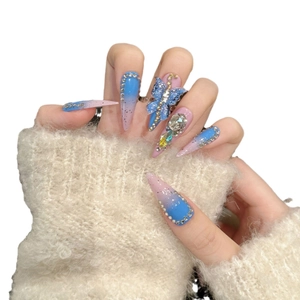 3D butterfly stiletto press-on nails with blue pink gradient and sparkling rhinestones