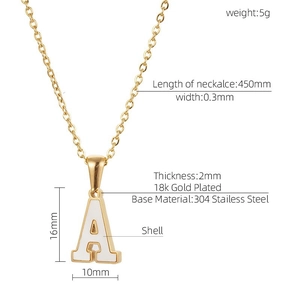Detailed technical diagram showing 18K gold plated A-letter pendant size and weight