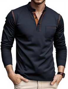 Detail of navy blue long sleeve Henley shirt with brown contrast stitching and chest pocket