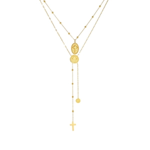 Gold layered stainless steel cross necklace with religious medallion pendant on white background