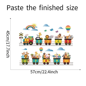 Detailed size layout of cartoon animal train wall sticker with 1-10 numbers for nursery
