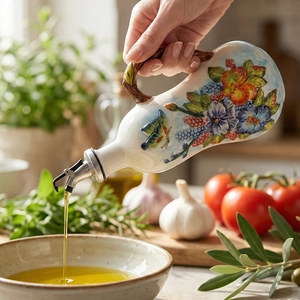 Dispensador de aceite cerámico con flores pintadas a mano y asa en forma de rama