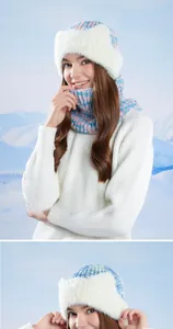 Detail of winter knit hat and scarf set with thick white faux fur trim in pink blue mix
