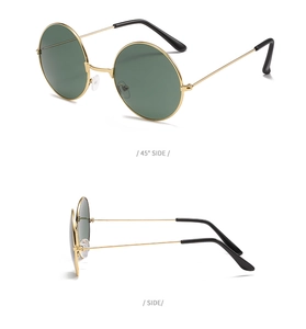 Detail views of vintage round sunglasses showing golden frames and dark green lenses