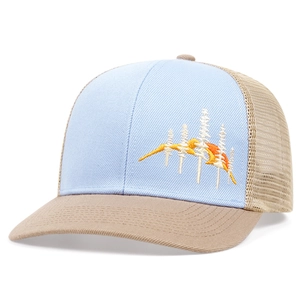 Outdoor mountain embroidery trucker hat with breathable mesh and stylish patchwork design