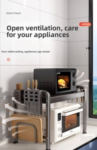 Macro detail of multi-tier metal kitchen rack showing heat dissipation and side storage