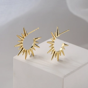 Sunburst Spiky Hoop Earrings Copper Gold Plated With 925 Sterling Silver Earring Post Irregular Geometric Fashion Jewelry