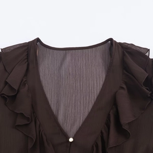 Deep brown chiffon V-neck blouse featuring layered ruffle details and textured fabric