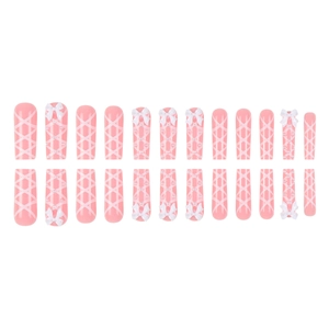 Pink ballet press-on nails with 3D bows, pearls, and ribbon patterns on white background