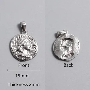 Detail of 19mm silver roman coin pendant showing embossed goddess portrait and dimensions