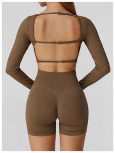 Detailed back view of brown seamless yoga set with open back design and lifting shorts