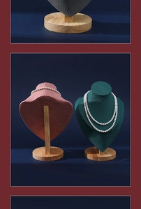 Pink and dark green velvet necklace display stands with solid wood circular bases