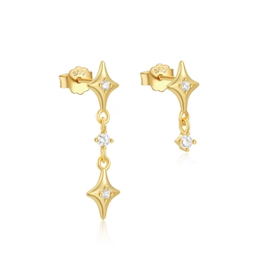 Detailed view of S925 sterling silver star earrings with gold tassel and zircon stones