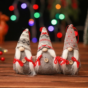 Set of 3 knitted Swedish gnome plush ornaments with grey felt hats and wooden buttons