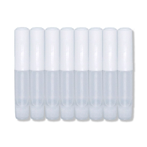 Set of 8 clear press-on nail glue bottles with white caps on a clean white background