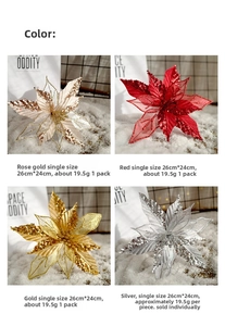 Detailed view of 26cm glitter mesh Christmas flowers in rose gold, red, gold, and silver