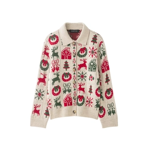 Gilet En Tricot De Noël Femme Pull Renne Flocon De Neige Jacquard Manches Longues Boutonné Col Polo Vêtement De Fête