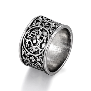 Punk vintage wide band ring in antique silver with embossed ethnic dragon pattern