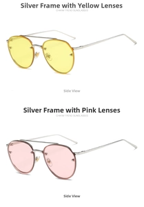 Macro shot of silver metal aviator sunglasses with yellow and pink ocean lenses