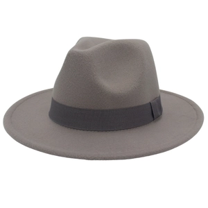 Detailed close-up of grey wool felt fedora hat featuring a stylish dark grey ribbon band
