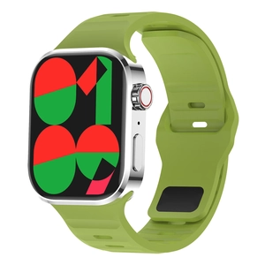 Side view of B02 Pro smartwatch with silver case, green strap and square screen