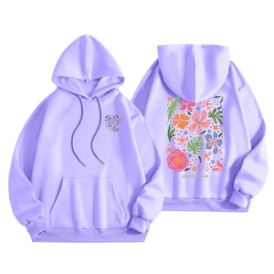 Felpa con cappuccio lavanda con logo frontale e stampa floreale sul retro, vista piatta