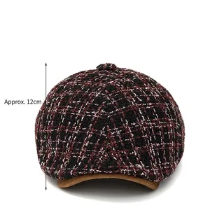Tweed newsboy cap in red and black with 12cm deep crown and brown suede peak