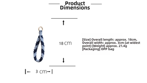 Detail of blue and white checkered woven wristlet keychain with size dimensions 18x3cm