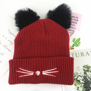 Red knitted cat ear beanie with white whisker embroidery for women winter casual style
