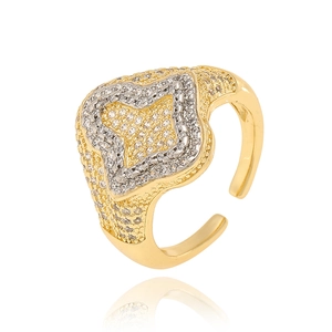 Adjustable gold star ring with silver border and micro-pave cubic zirconia stones