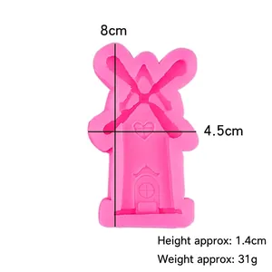 Pink silicone windmill mold for fondant cakes, 8x4.5cm size with heart and window details
